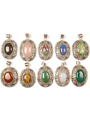 Lot Of Ten Gemstone Oval Pendants<br>(Black Onyx, Rose Quartz, Ruby Zoisite, Lapis Lazuli, Turquoise, Carnelian, Tiger Eye, Malachite, Rainbow Moonstone, and Green Onyx)