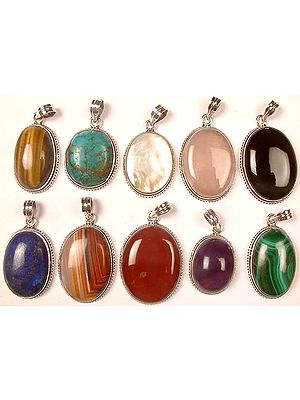 Lot of Ten Gemstone Pendants<br>(Tiger Eye, Turquoise, Shell, Rose Quartz, Black Onyx, Lapis Lazuli, Carnelian, Carnelian, Amethyst & Malachite)