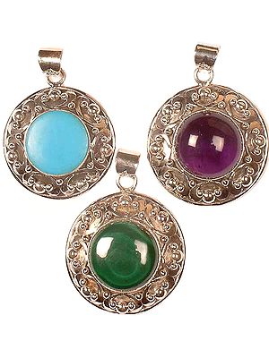 Lot Of Three Gemstone Circular Pendants<br>(Turquoise, Amethyst and Malachite)
