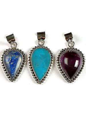 Lot of Three Gemstone Pendant<br>(Lapis Lazuli, Turquoise & Amethyst)