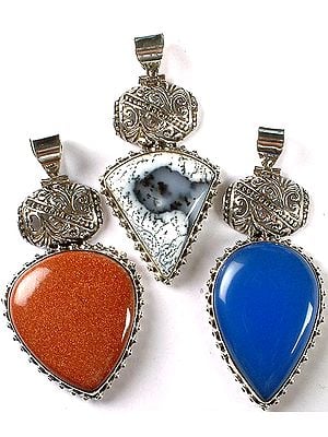 Lot of Three Gemstone Pendants (Dendrite, Sunstone and Blue Chalcedony)