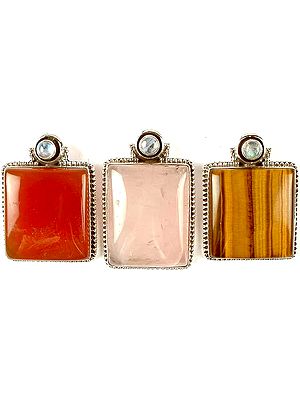 Lot of Three Gemstone Rectangular Pendants<br>(Carnelian, Rose Quartz & Tiger Eye)