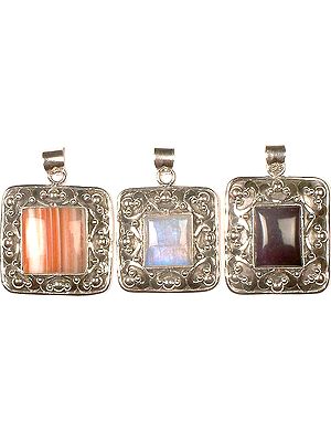 Lot Of Three Gemstone Rectangular Pendants<br>(Carnelian, Rainbow Moonstone & Amethyst)