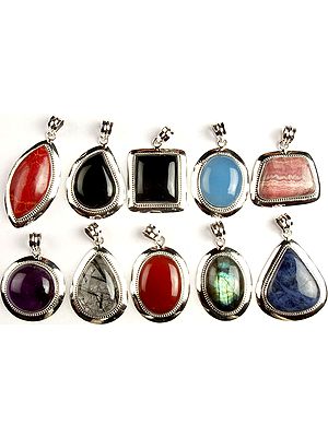 Lot Ten Gemstone Pendants (Sponge Coral, Black Onyx, Black Onyx, Blue Chalcedony, Rhodochrosite, Amethyst, Tourmalinated Quartz, Carnelian, Labradorite and Lapis Lazuli)