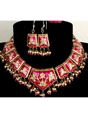Magenta Mughal Meenakari Necklace and Earrings Set with Floral Motif