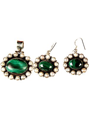 Malachite and Pearl Pendant with Earrings Set