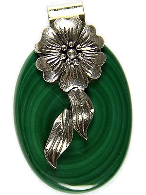 Malachite Oval Pendant with Sterling Blooming Flower Leaves