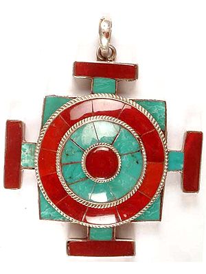 Mandala Pendant with Turquoise and Coral Inlay