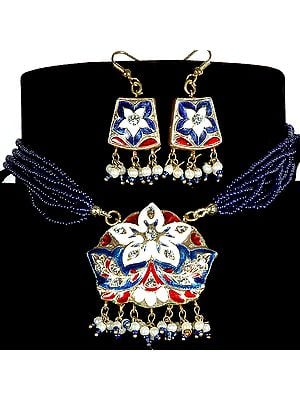 Ultramarine-Blue Star-Spangled Necklace and Earrings with Beads