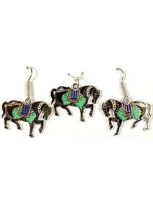 Meenakari Horse Pendant With Matching Earrings Set
