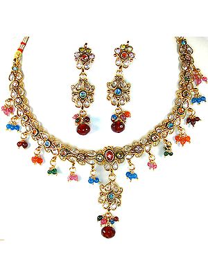 Multi-Color Polki Necklace and Earrings Set with Cut Glass