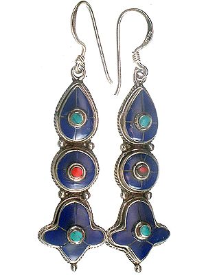 Nepalese Earrings with Lapis Lazuli, Coral and Turquoise