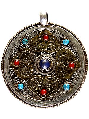 Nepalese Filigree Double-sided Gemstone Pendant (Coral, Turquoise and Lapis Lazuli)
