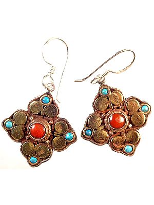 Nepalese Filigree Earrings with Coral and Turquoise