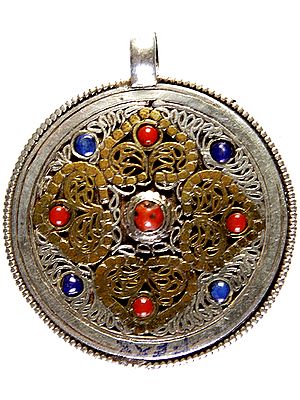 Nepalese Mandala Filigree Pendant with Coral and Lapis Lazuli