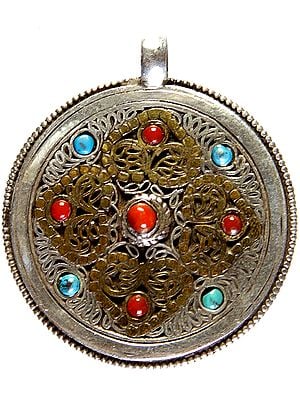 Nepali Filigree Double-sided Gemstone Mandala Pendant (Coral Turquoise and Lapis Lazuli)