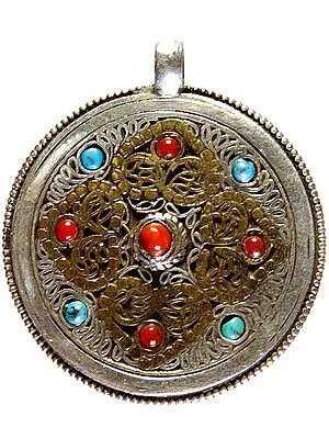 Nepali Filigree Double-sided Gemstone Mandala Pendant (Coral Turquoise and Lapis Lazuli)