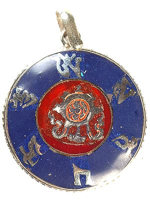 Om Mani Padme Hum Inlay Pendant with The Wheel (Skt. chakra; Tib. 'khor lo)