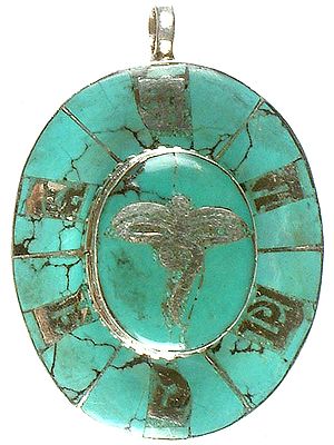 Om Mani Padme Hum with Eye of Svayambhunath Inlay Pendant
 Turquoise Inlay Pendant