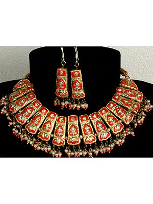 Orange and Golden Bridal Necklace and Earrings Set with Cut Glass