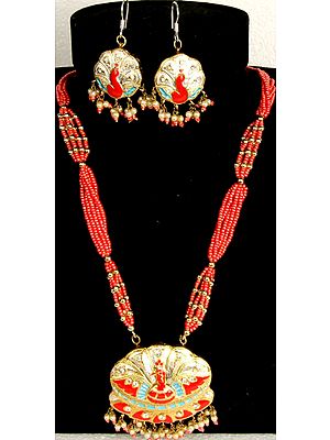 Orange Peacock Necklace and Earrings Set with Beads
