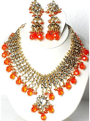 Orange Quadruple-Layer Kundan Necklace Set