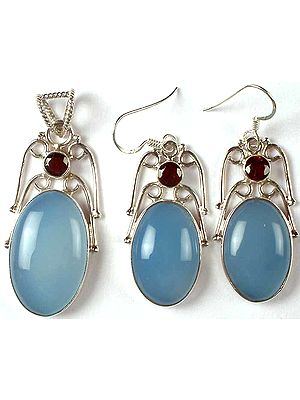 Oval Blue Chalcedony Pendant & Earrings Set with Garnet