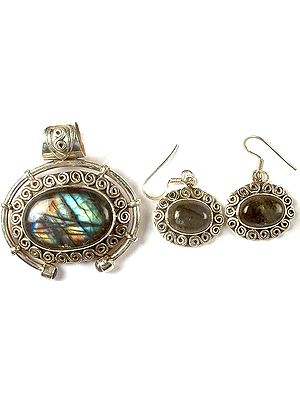 Oval Labradorite Pendant & Earrings Set with Spirals