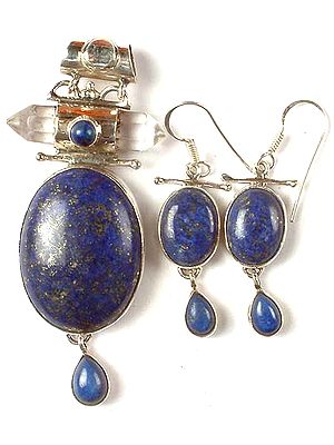 Oval Lapis Lazuli & Faceted Crystal Pendant With Matching Earrings Set