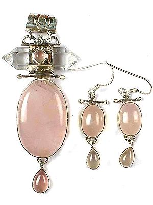 Oval Rose Quartz Pendant & Earrings Set with Dangles