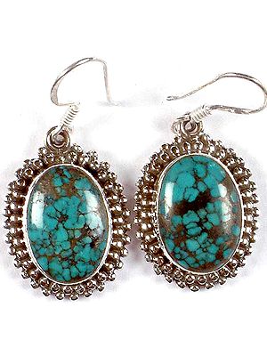 Oval Turquoise Earrings With Granulation