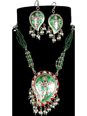 Paisley Green and Red Necklace and Matching Earrings