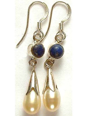 Pearl Dangling Drop Earrings with Lapis Lazuli