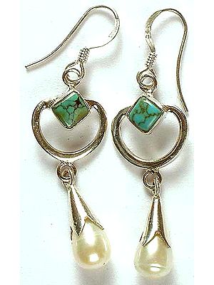 Pearl Dangling Drop Earrings with Turquoise