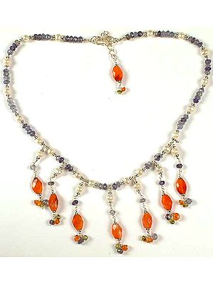 Pearl, Faceted Carnelian & Iolite Necklace