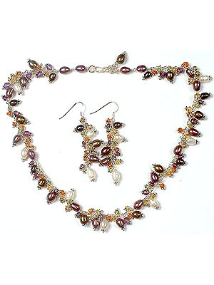 Pearl Necklace & Earrings Sets with Gemstones