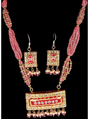 Pink Beaded Necklace and Earrings Set with Dangling Pendant