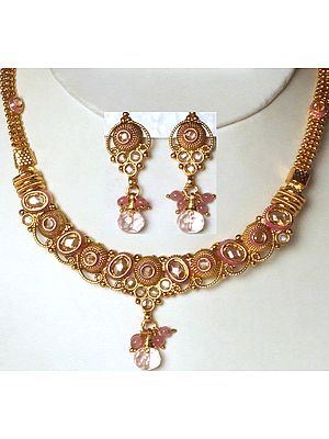 Pink Polki Necklace and Earrings Set with Cut Glass