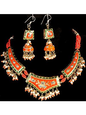Pink-Orange Mughal Necklace with Jhumka Earrings