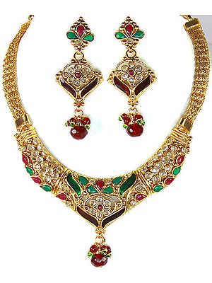 Polki Meenakari Necklace and Earrings Set with Faux Emerald and Rubies