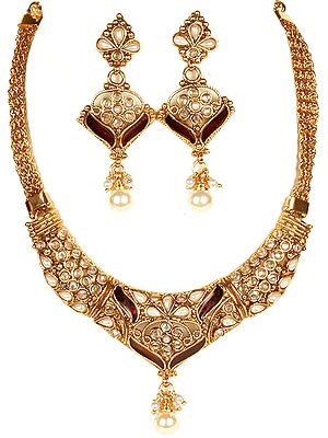 Polki Meenakari Necklace and Earrings Set with Enamel Work