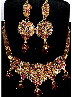 Polki Necklace and Earrings Set with Faux Ruby