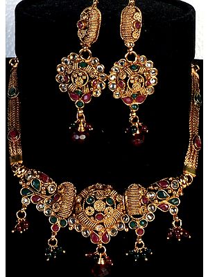 Polki Necklace and Earrings Set with Faux Ruby and Emeralds
