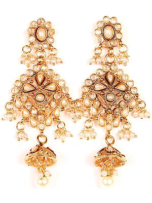 Polki Post Earrings with Cut Glass and Faux Pearls