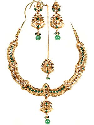Polki Set with Imitation Emeralds and Cut Glass