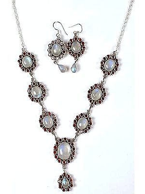 Rainbow Moonstone & Faceted Garnet Necklace with Matching Earrings Set