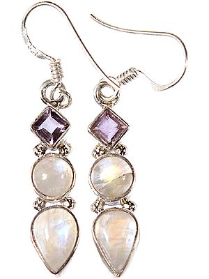Rainbow Moonstone Earrings with Faceted Amethyst