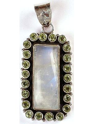 Rainbow Moonstone Pendant with Faceted Peridot Border