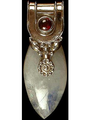 Rainbow Moonstone Pointed Oval Pendant With Garnet