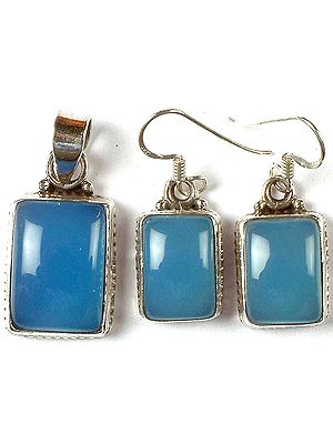 Rectangular Blue Chalcedony Pendant With Matching Earrings